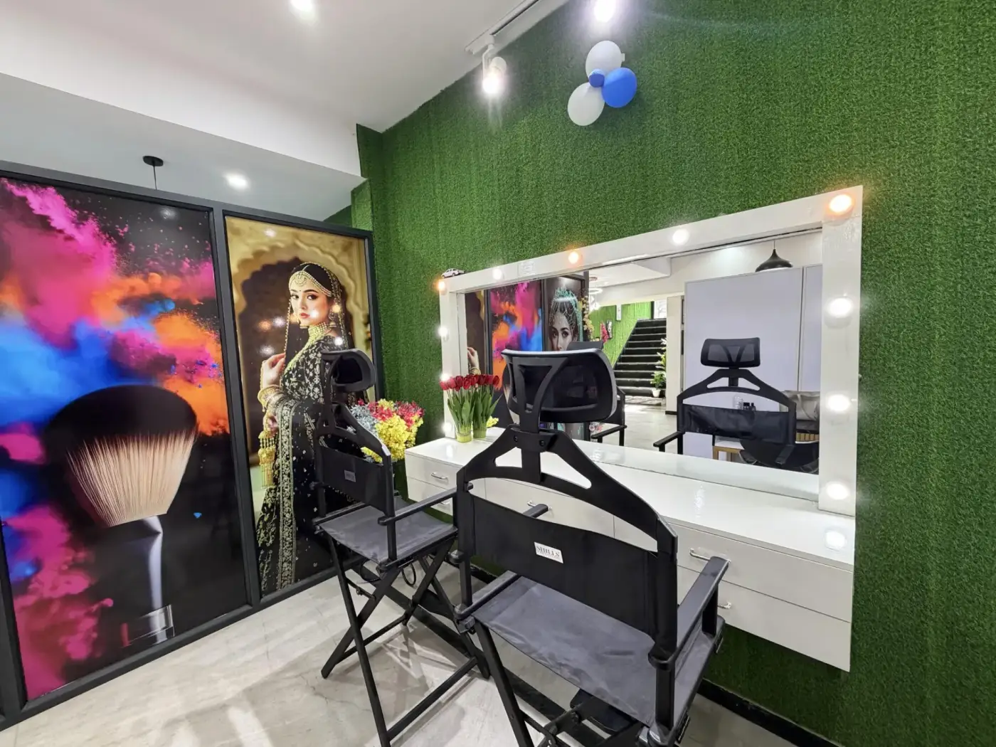 Bespoke makeup vanity row inside the Luxtique studio
